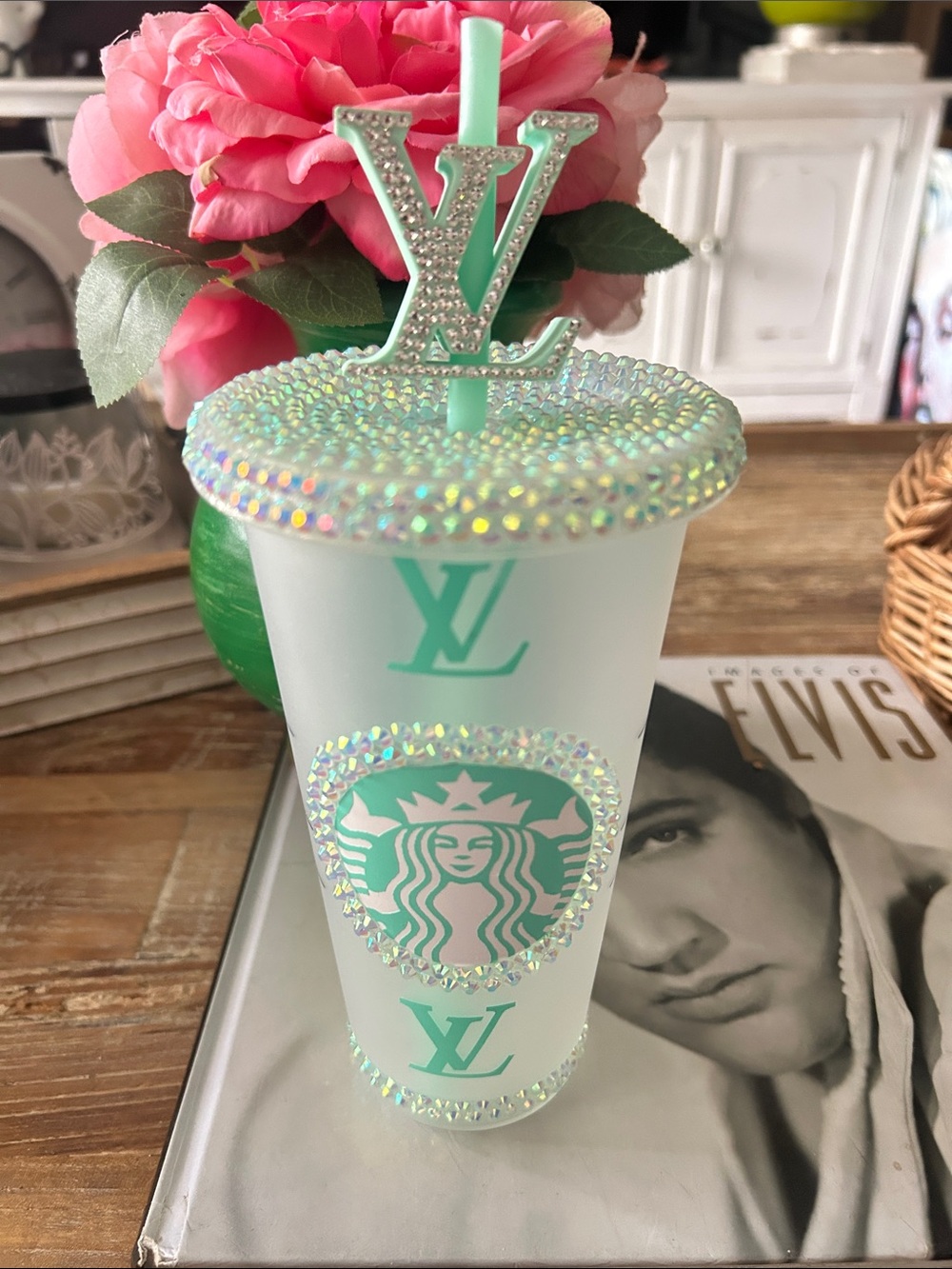 LV-Style Mint Green Starbucks Rhinestone Cup - Decorative Drink Tumbler